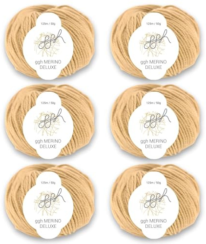 ggh Merino Deluxe - 300g Set (6x50g) - 100% Merinowolle extrafine zum Stricken in vielen Farben - Farbe 008 - Beigebraun