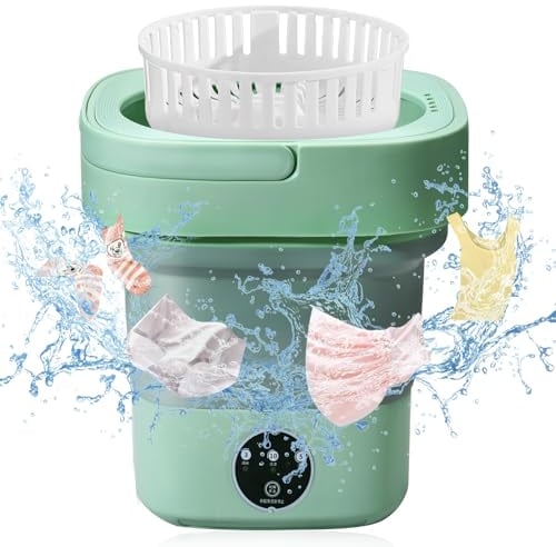 Lavatrice Portatile 11 L, Mini Lavatrice Pieghevole con Centrifuga, Ideale per Campeggio e Viaggio, Perfetta per Biancheria Intima, Calzini e Oggetti Piccoli (Verde)