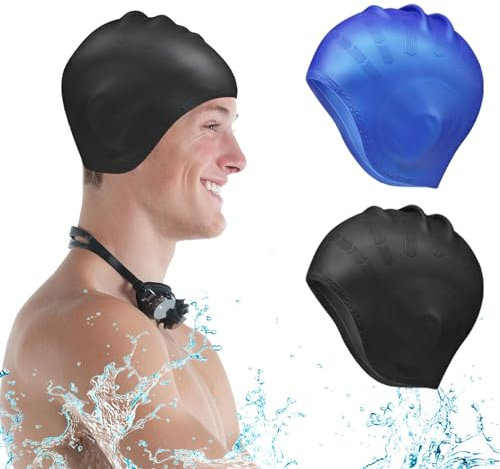 2 Stück Badekappe Anti Rutsch wasserdichte Badekappe Schwimmkappe Silikonabdeckung Ohren Badekappen wasserdichte Silikon Unisex Silikon Badekappen Ohrenschutz Halten Sie das Haar Sauber Schwarz+Blau
