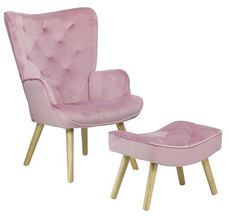 Totò Piccinni SET SIESTA Poltrona con Sgabello di Design Gambe naturali in Legno di Faggio (Velluto Rosa)