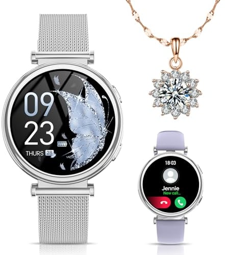 Sanorum Smartwatch Damen, 1.27 HD Voll Touchscreen Armbanduhr mit Telefonfunktion, Geschenk Damen Menstruationszyklus SpO2 Pulsuhr Schrittzähler Kalorien Fitness Tracker IP68 iOS Android Silber