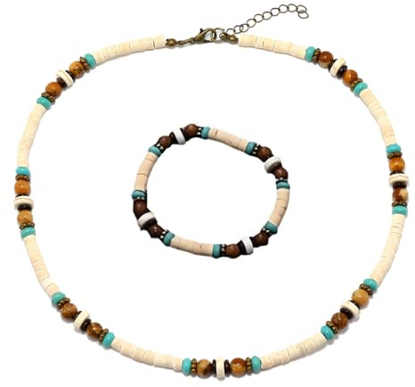 Tomedeks Surferkette Set - 2 Stück Halskette und Armband für Herren, Mit Kokosnuss Perlen, Handmade Strand-Schmuck, Holz-Perlen, Wasserfest Für Sein Geschenk