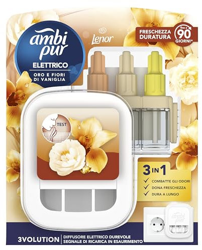 Ambi Pur 3Volution - Ambientador para ambientes, 1 difusor eléctrico ambiente y 4 recargas, fragancia dorada y flores, tecnología elimina olores, hasta 90 días de perfume por recarga