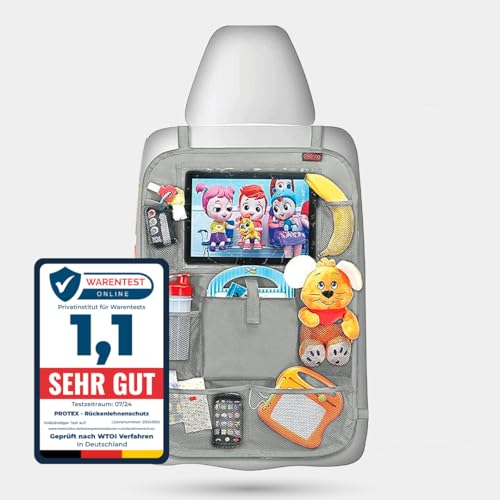 PROTEX© Rückenlehnenschutz Organizer [Testsieger 2024] 100 Tage risikofrei testen - Auto Rücksitz Organizer mit 12 Zoll Tablet Fach [grau]