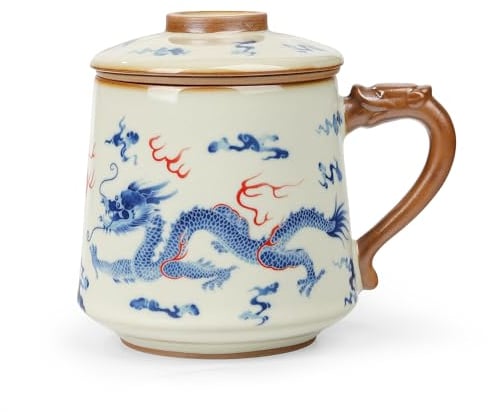 fanquare Chinese Tea Cups with Infuser and Lid, Blue Loong Tea Mugs, Porcelain Large Tea Steeping Mug for Home Gifts 450ml