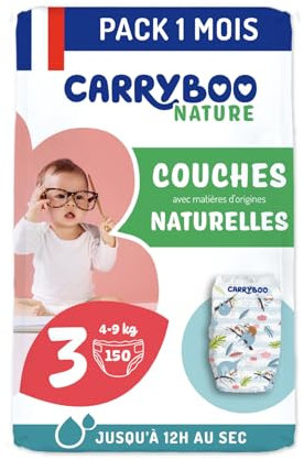 Carryboo - Windeln Größe 3 (4-9 kg) – für empfindliche Haut – natürlich und sehr saugfähig – 12 Stunden auslaufsicher – ohne unerwünschte Inhaltsstoffe – hergestellt in Frankreich – 150 Einwegwindeln
