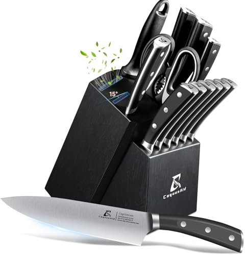 CoquusAid Knife Set, 15 PCS Kitchen Knife Block Sets with Sharpener, 6 Steak Knife Set Serrated with Block, Forged German Stainless Steel Rust Proof Knives, Dishwasher Safe Black, New Beveled Design