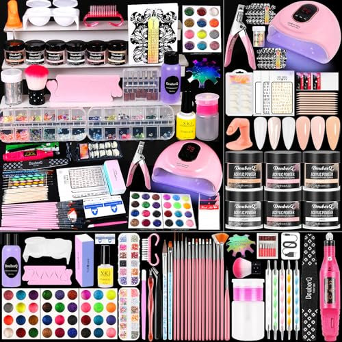 Kit de studio à ongles, poudre acrylique avec liquide acrylique, 30 ml, ponceuse à ongles pour ongles en gel, avec lampe UV pour ongles en gel, kit de nail art, cadeau pour femme