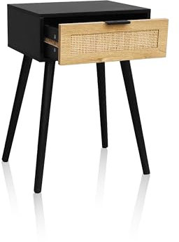 duehome | Mesita de Noche 1 cajón, Mesilla de Noche, Modelo Sanda, Acabado en Negro-Rattan, Medidas: 40 cm (Largo) x 30 cm (Fondo) x 60 cm (Alto)