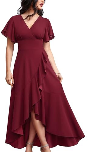 Misshow Robe de Bal Femme Longue, Col V Longue de Promo Taille Empire élastique Manches Courtes Chic et élégant Bourdeaux S