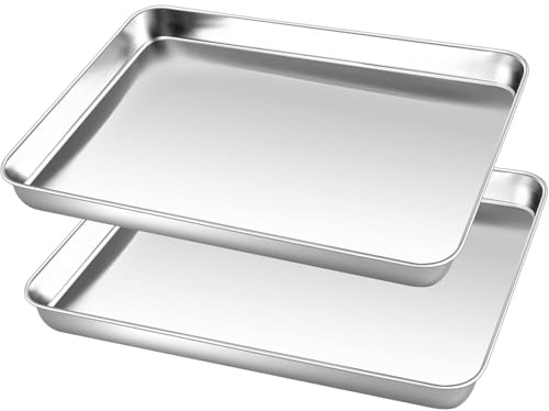 Stainless Steel Oven Tray Set of 2, Premium Baking Trays 26.5 x 20.5 x 2.5CM, Durable Cookie Sheets Pan for Baking Cooking Serving, Dishwasher Safe & Easy Clean, Healthy & Non Toxic (Medium Size)