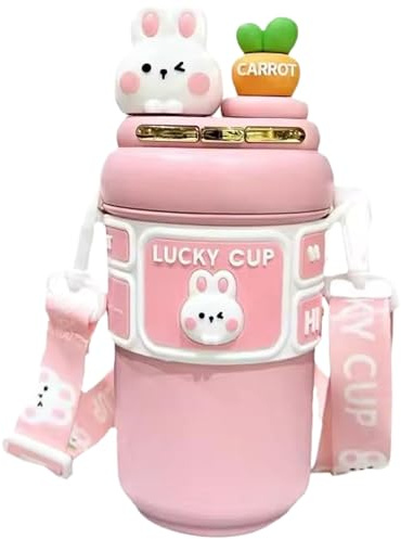 Ligeinsrk Kawaii Water Bottle, 19oz Stainless Steel Water Insulation Bottle with Straw & Adjustable Strap, Cute Rabbit Leak-Proof Bottles for Girls Sports Camping Travel (PINK), kawaii, ka