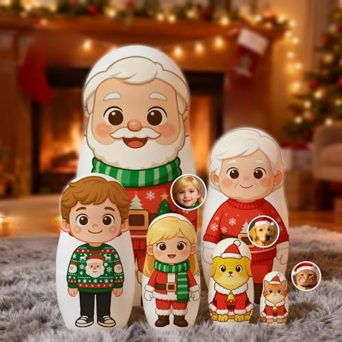 Smile lab Personalised Portrait Nesting Dolls – Custom Family Matryoshka Doll Set with Photo in Cartoon Style, Personalised Gift for Couples, Parents & Friends – Unique Home Décor & Anniversary