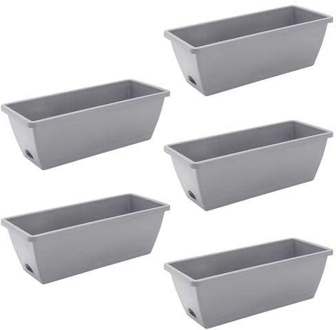 Set of 5 Plastic Trough Plant Pot Long Planter Home Outdoor Garden Window Herb Flower Box Windowsill Patio Bushes Window Box Rippled Effect, Optional Drainage Holes Terracotta (Light Grey)