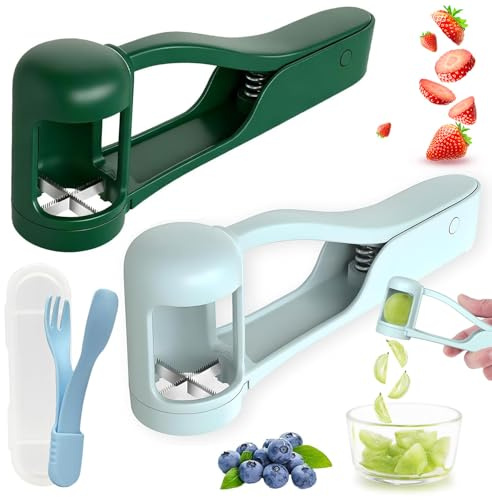 2Pcs Grape Cutters with Ergonomic Anti Slip Handle, Small Fruit Slicer, Multi Grape Slicer for Tomato Cherry Strawberry Olive(Blue, Green)