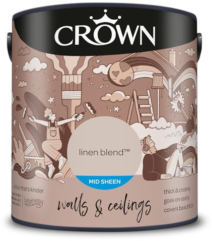 Crown WALLS & CEILINGS Light Beige Kitchen & Bathroom Paint, Mid Sheen 2.5L | Wipeable Linen Blend, scuff resistant mid sheen. Durable on walls & ceilings. Condensation resistant. Low VOC & low odour