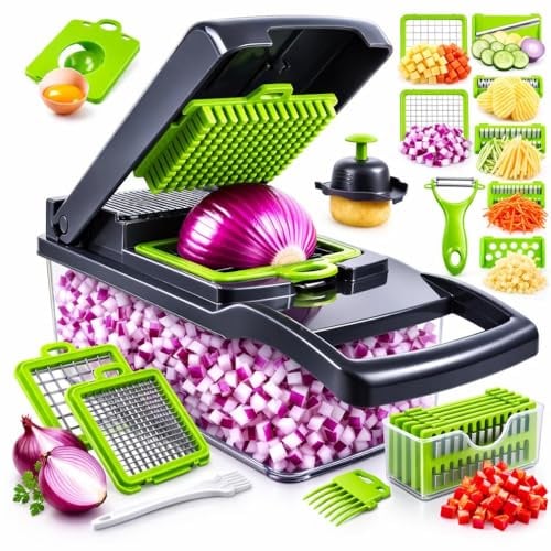 Mandolina per Verdure 18 in 1 Multifunzione, Tagliaverdure Professionale con 7 Lame in Acciaio Inox, Affetta Trita Grattugia con Contenitore e Accessori Completi per Cucina