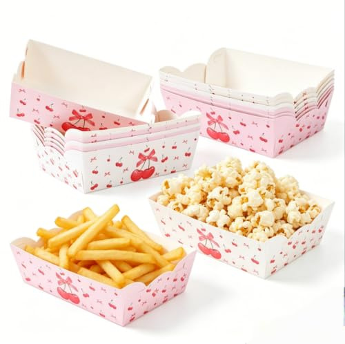 GLAITC 24 Pcs Cherry Bow Paper Food Trays Pink & White Party Plates 12x8.5x4cm Greaseproof Paper Food Boat Snack Serving Paper Trays for Cinema Parties Baby Shower Afternoon Tea Baking Picnic