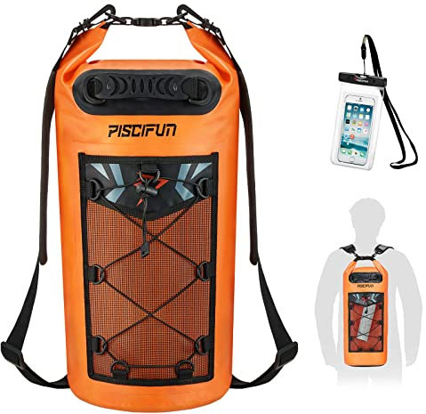 Piscifun Wasserdichter Rucksack Dry Floating Rucksack für Wassersport – Angeln, Bootsfahrten, Kajak, Surfen, Camping, Geschenke für Männer und Frauen, wasserdicht, Orange, 30 l,