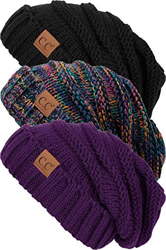 Funky Junque Slouchy Beanie für Damen, Wintermütze, warm, übergroß, weich, grob, Zopfmuster, Beanies für kaltes Wetter, 3er-Pack – Schwarz, Lila, Kaleidoskop, Einheitsgre