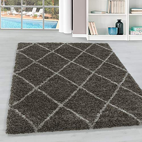 Hochflor Wohnzimmer Teppich Modern Deko Geometrisch Design Flauschiger & Weicher Langflor Shaggy Rechteckig Teppich Schlafzimmer Farbe: Taupe, Grösse: 240 x 340 cm