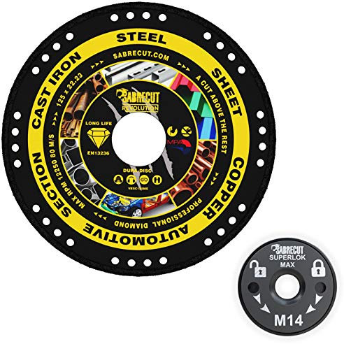 SabreCut VB125MEGRA 125mm (5 inch) x 22.23mm Bore Vacuum Brazed Metal Cutting Angle Grinder Diamond Disc Blade and 46mm M14 Quick Change Heavy Duty Grinder Locking Retaining Flange Nut Kit