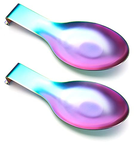Stainless Steel Rainbow Colour Spoon Rest for Kitchen Counter Cooking Utensil Rest Spoon Ladle Holder for Stove Top Rust Resistant Large Size Spatula Rest Dishwasher Safe 9.61 x 3.74 Inch(2PCS)