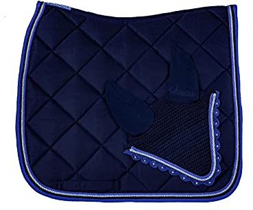 WAGNER Dressur Schabracke mit Fliegenhaube und Strass-Steinen BLAU-Royalblau