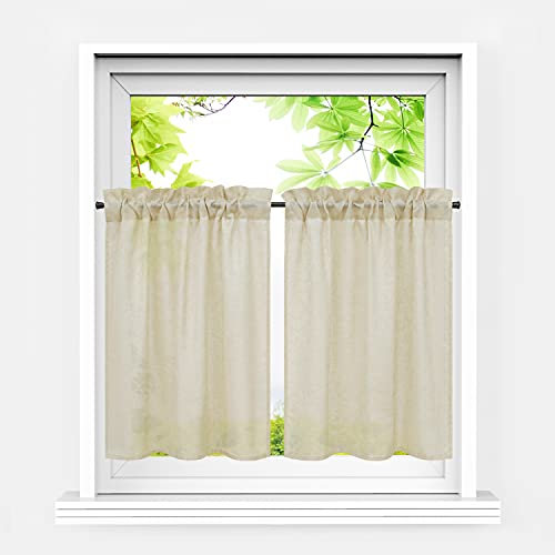 HeichkelL Scheibengardinen 2er Set Kurzstores Landhausstil Halbtransparente Bistrogardine Leinenoptik Kleinfenster Gardinen Küche Sand BxH 66x61 cm*2