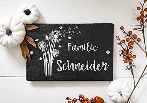 Türschild Familie personalisiert, aus Schiefer, Pusteblume, 20 x 30 cm, Hausschild mit Namen, Familien Hausschild, Türschilder mit Namen, Türschild Gravur, Geschenk zum Einzug