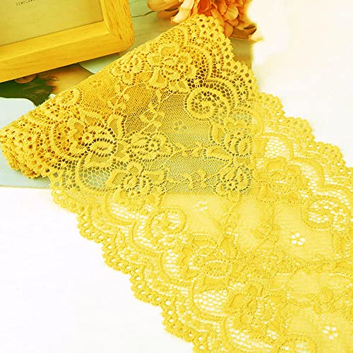 15cm x 3m Elastizität Spitzenband Spitzenbordüre Spitzenborte Zierband Dekoband Spitzen Borten Bänder zum Nähen,DIY Basteln,Deko für Kleidung Unterwäsche Dessous Hochzeitskleid Tischdeko,Gelb