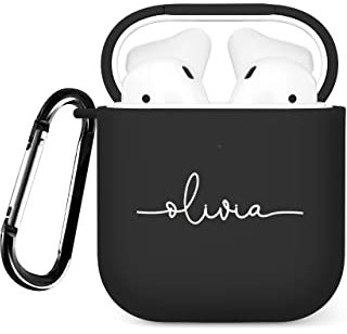 Tirita Personalised Custom Case Compatible with Apple AirPods 3rd generation, Support Wireless Charging, with Carabiner, Soft Shell [04- Name Handwritten Black]