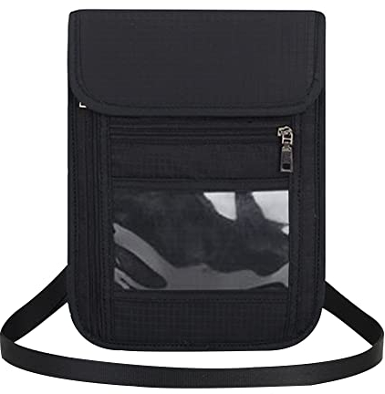 Brustbeutel mit Sichtfenster, MoreChioce Unisex Reisegeldbeutel Reisepass-Etui mit Umhängeband Reise-Brieftasche Outdoor Halstasche mit RFID-Blockierung für Handy Reisepass und Karten,Schwarz