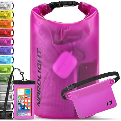 Nordlight wasserdichte Tasche 3er Set (Pink) - Dry Bag 20l + wasserdichte Handyhülle + wasserdichte Hüfttasche | IPX8 Schutz | Mit Verstellbaren Gurten Für Strand, Stand Up Paddling