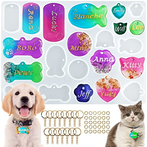 Actvty Molde de resina de silicona para placa de mascota, moldes de placa de perro para resina, llavero en forma de gato con forma de hueso de perro, moldes de resina de silicona con 15 llaveros,