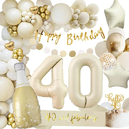 40. Geburtstag Deko für Frauen und Männer - Beige Gold Ballon Set mit Happy Birthday Girlande und Luftballons
