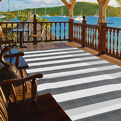 Pcinfuns Plastic Straw Rug,Patio Rugs RV Camping Rug Reversible Mat,6'x9' Large Floor Mat and Rug for Outdoor,Grey and White Stripes