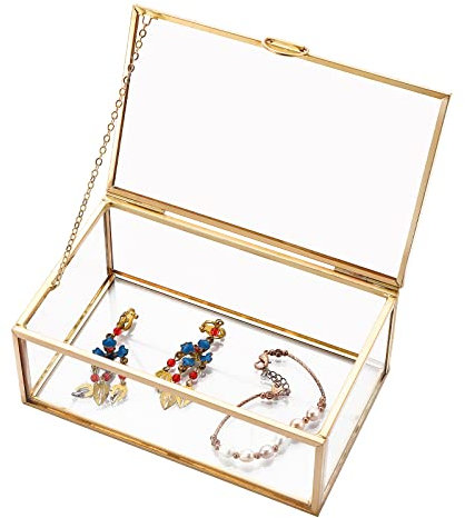 AMGSH 14,5 cm goldene Vintage-Glas-Schatulle für Andenken, dekorative Glasboxen für Ausstellung, transparente rechteckige Box, Ringe, Armbänder, Ohrringe, Organizer (14,5 x 8,9 x 5,3 cm)