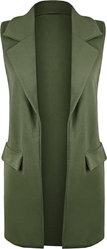 Crazy Fashion Ladies Blazers Sleeveless Crepe Mock Flap pocket waistcoat Duster Business Casual Blazer Jackets For Women Plain Open Cardigan Top UK 8-26 Khaki