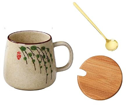 MAGICVOGEL 350ml Kaffeebecher Keramik Kaffeetasse mit Deckel und Löffel Espressotasse Teetasse Geschenke für Geburtstag Weihnachten Muttertag Vatertag (Weide)