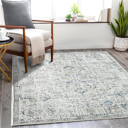 TOPICK Teppich Kurzflor 90x150cm Blau Chenille Vintage Faltbar Suppedünner Waschbar Retro Teppiche Blumen Boho rutschfeste für Innenbereich Küche Wohnzimmer Schlafzimmer Kinderzimmer