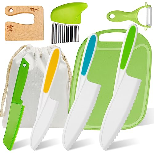 UMILKI Lot de 8 Couteau Cuisine Enfant Pour Couper et Cuire Des Fruits ou Légumes, Montessori Avec Éplucheur, Planche à Découpe et Sac de Rangement en Bois