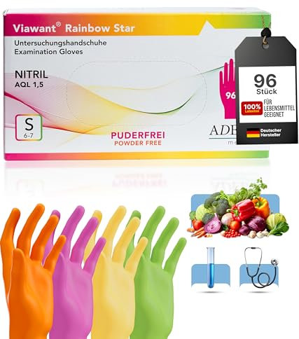 Viawant® Rainbow Star Einweghandschuhe Nitrilhandschuhe S [96 Stück] Stabil, Hypoallergen, Puderfrei & Latexfrei – Reißfeste Einmalhandschuhe