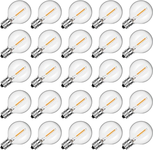SUNSGNE 25 Pack G40 LED Light Bulbs, E12 Candelabra Base Bulb, 0.6W LED Bulbs Equivalent 7W Edison Bulbs, Shatterproof Globe Replacement Bulb for Outdoor String Lights, 2700K Warm White Dimmable