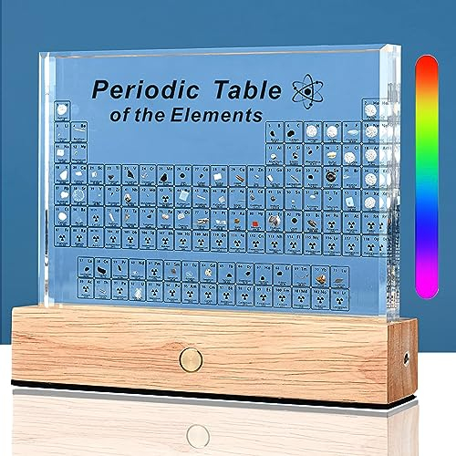 SOEPOTIX Periodensystem Mit Echten Elementen, Acryl Periodensystem Echte Elemente Periodic Table with LED-Basis Periodensystem Chemie Geschenk Display Geschenk für Lehrer Studenten Dekoration