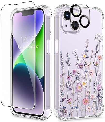 GVIEWIN Compatible with iPhone 14 Case 6.1 Inch 2022, with Tempered Glass Screen Protector+Camera Lens Protector, Flower Clear TPU Slim Bumper Shockproof Protective Soft Cover, Floratopia/Colorful