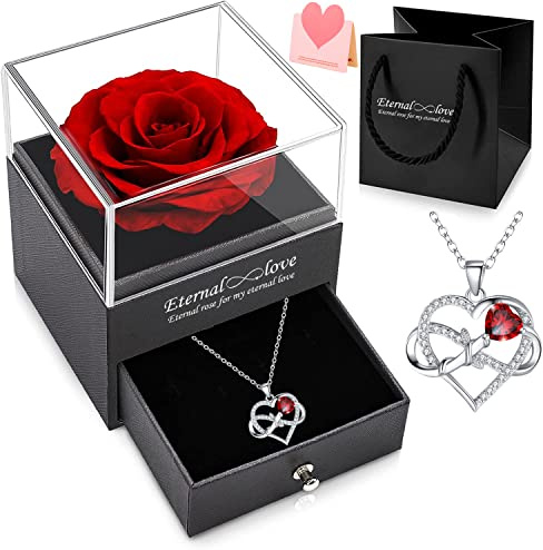 ROZKVIKA Real Rose Box with Necklace Preserved Real Rose with Silver Necklace Eternal Rose Box with Infinity Love Necklace for Wife Birthday Gifts for Girlfriend Valentines Gifts for Women