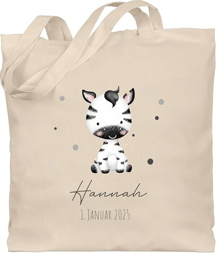 Baumwolltasche - Zebra mit Name und Datum - Geburtstag Geburt Tiermotiv Geschenk - Unisize - Naturweiß - geschenke beutel