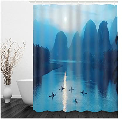 Skcess Badezimmer Duschvorhang Blau, Polyester Duschvorhang Wasserdicht Bergwasserfischer Anti Schimmel Duschvorhang 90x180CM