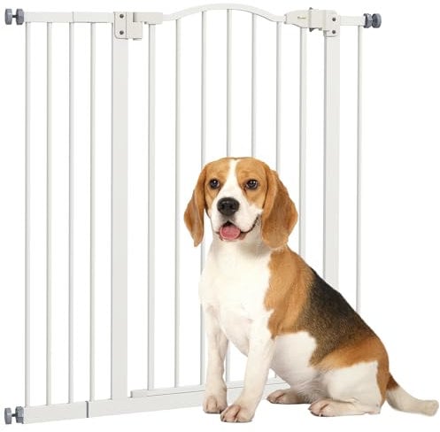 PawHut Pressure Fit Dog Stair Gate No Drilling Safety Gate Auto Close for Doorways, Hallways, 74-94cm Adjustable, 94cm Tall, White